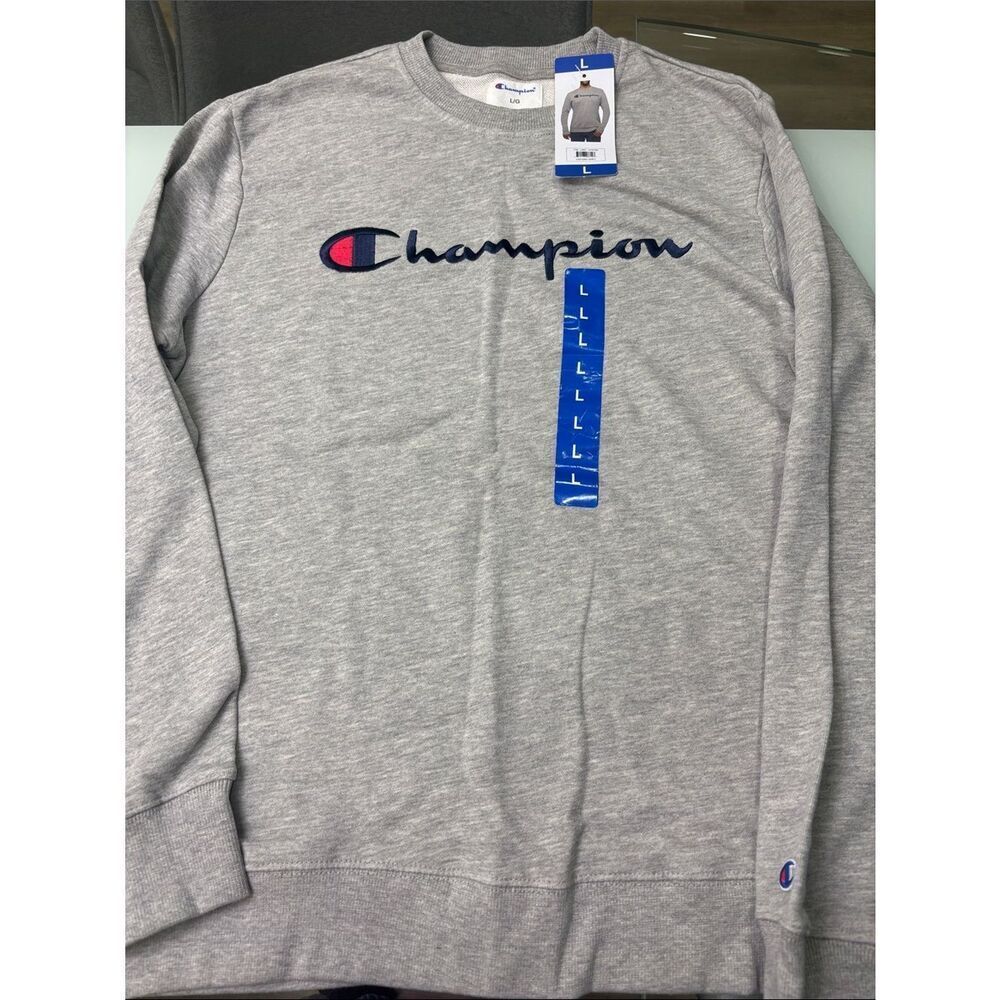 Champion NWY Light Gray Crewneck Sweatshirt with Navy & Red Logo embroidered L